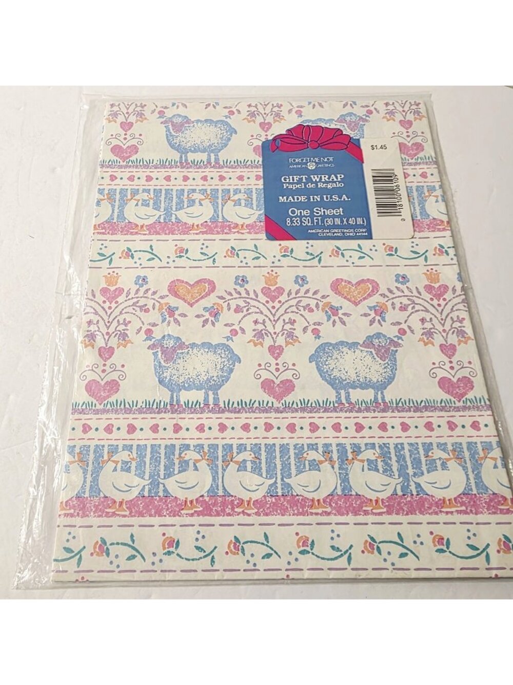 Vtg Cottage Farmhouse Core Sheep Lambs Ducks Floral Hearts Wrapping Paper Crafts